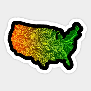 Colorful mandala art map of the United States of America in dark orange and green with yellow Sticker